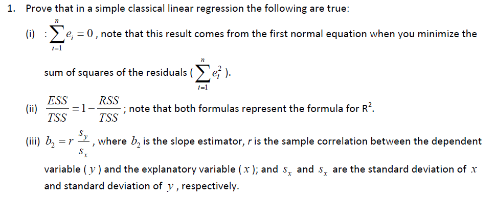 1. Prove that in a simple classical linear regression | Chegg.com