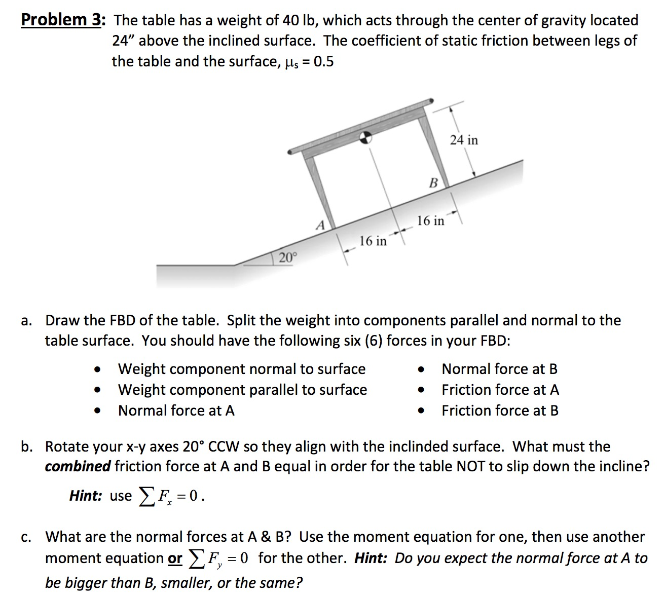 Solved The Table Has A Weight Of 40 Lb Which Acts Through