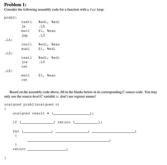 Consider the following assembly code for a function | Chegg.com