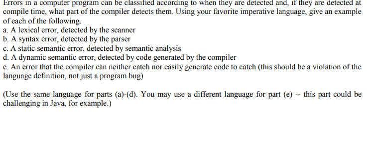Solved Errors in a computer program can be classified | Chegg.com