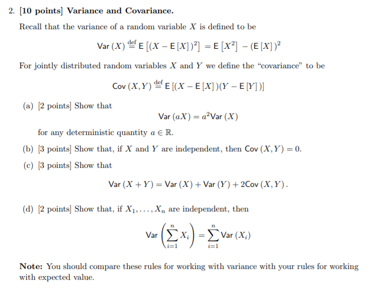 Solved 2. [10 points] Variance and Covariance. Recall that | Chegg.com