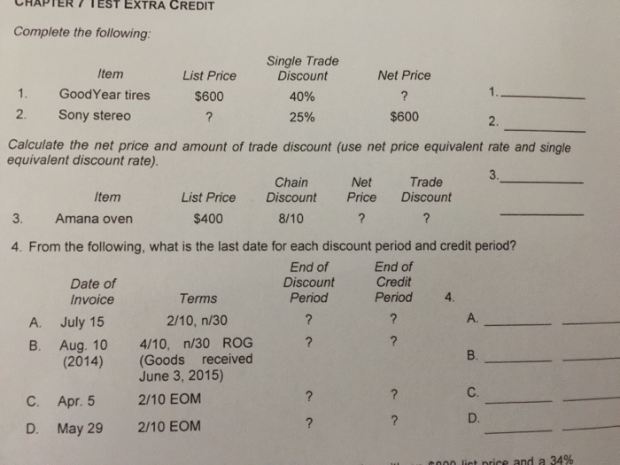 Solved Complete the following Calculate the net price and