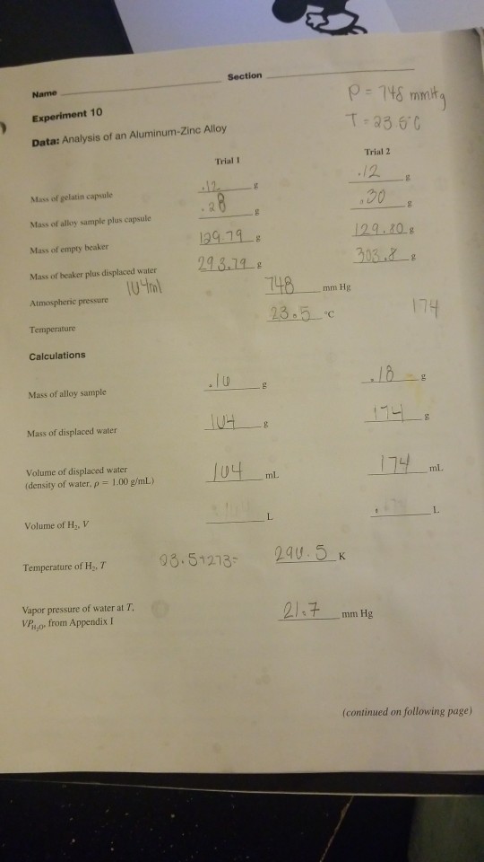 Solved Section Name 148 mm T 836 ) Experiment 10 Data: | Chegg.com