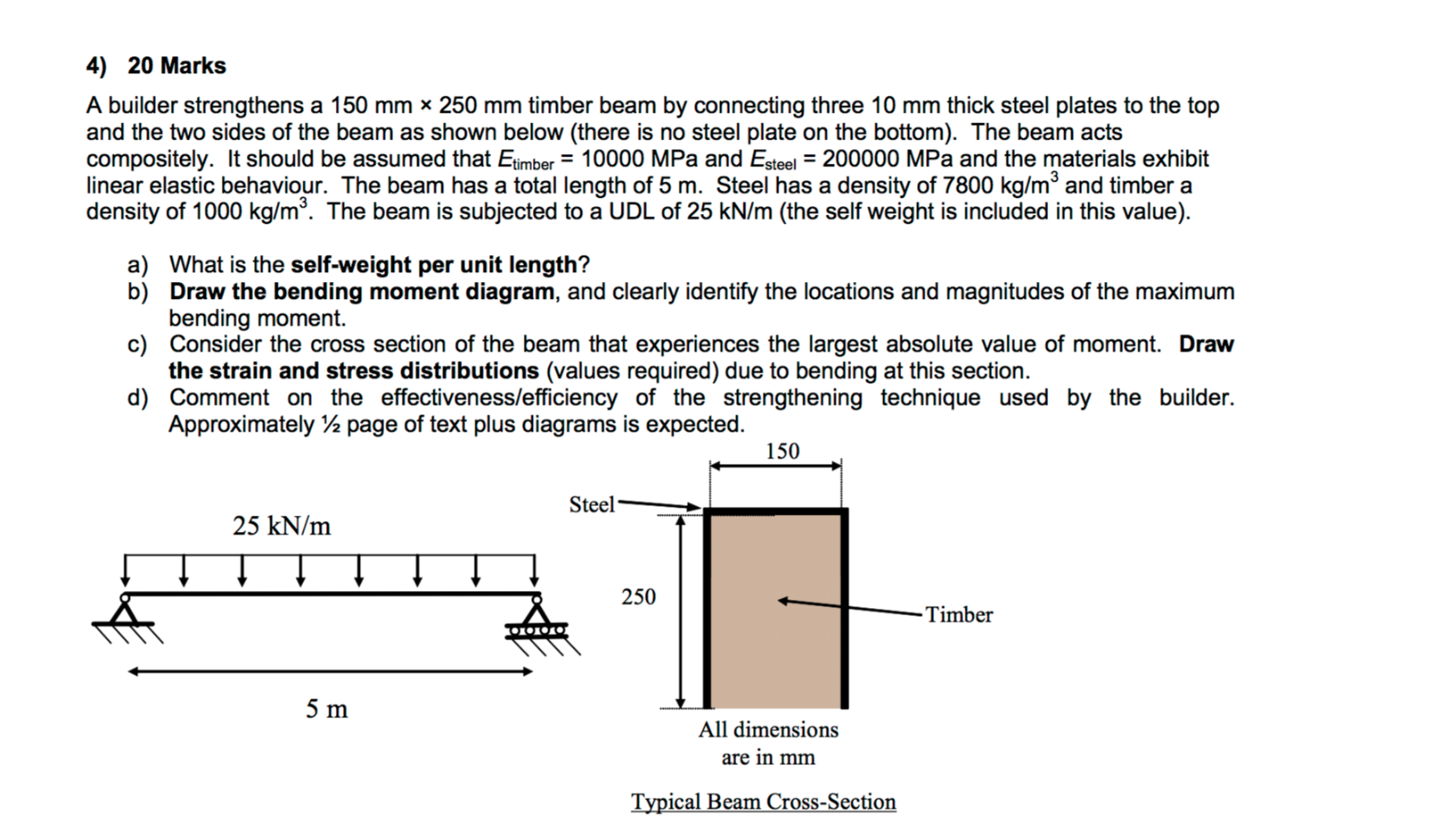 Solved A builder strengthens a 150 mm* 250 mm timber beam by | Chegg.com