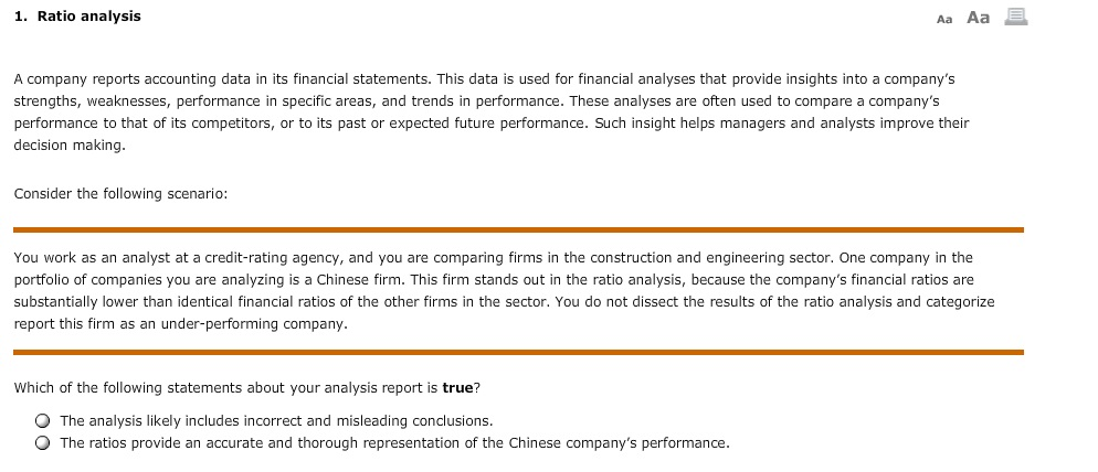 Solved 1. Ratio analysis Aa Aa A company reports accounting | Chegg.com