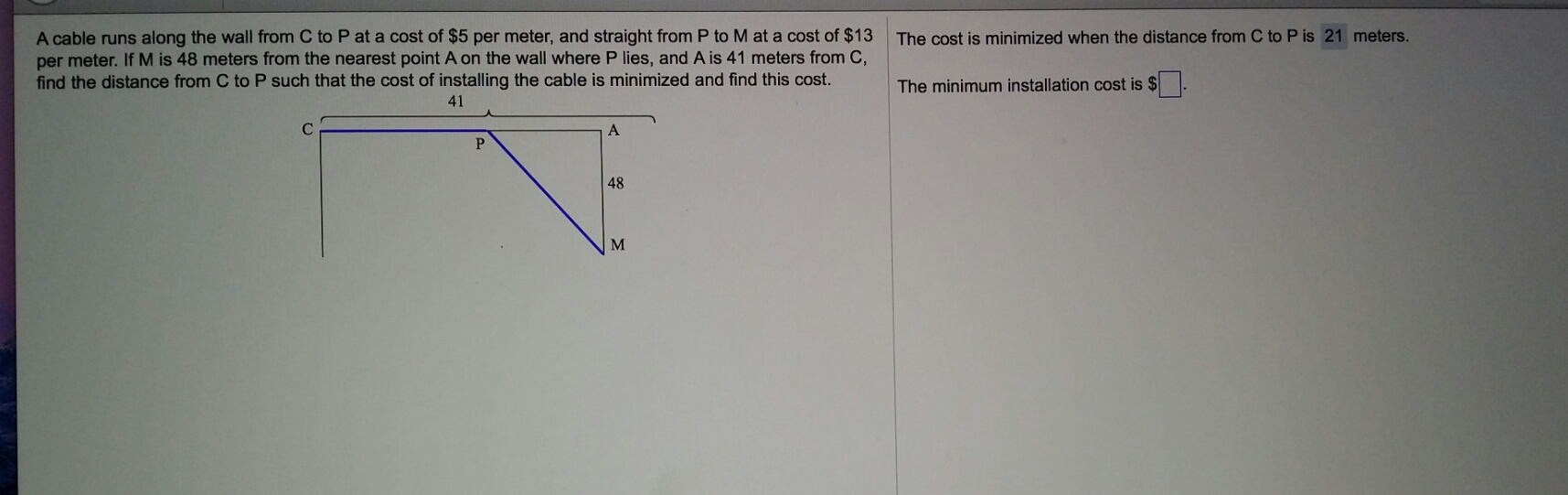 Solved A cable runs along the wall from C to P at a cost of
