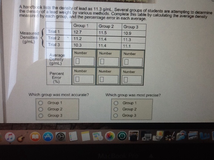 Solved A handbook lists the density of lead as 11.3