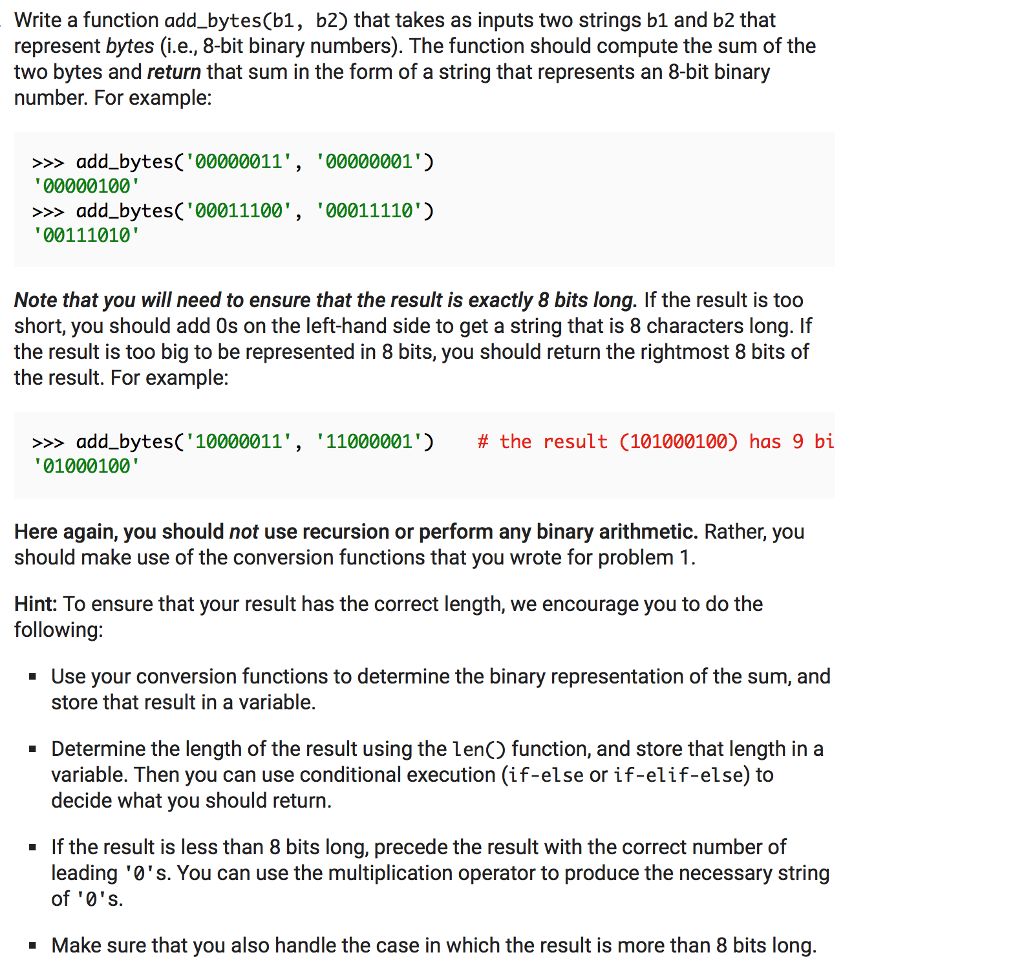 Solved Write A Function Add_bytes (b1, B2) That Takes As | Chegg.com