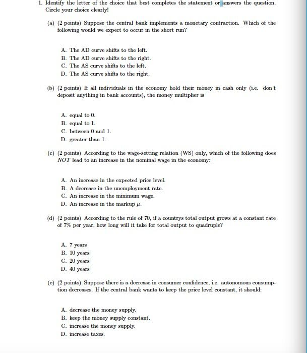 Solved 1. Identify the letter of the choice that best | Chegg.com