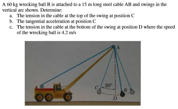 Solved A 60 kg wrecking ball B is attached to a 15 m long | Chegg.com