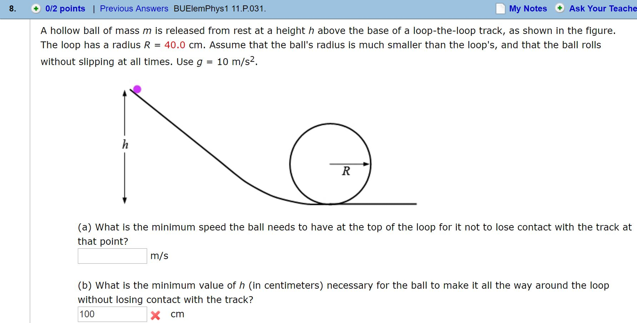 Solved A hollow ball of mass m is released from rest at a | Chegg.com