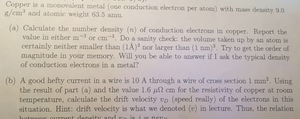 Solved Copper Is A Monovalent Metal (one Conduction Electron | Chegg.com