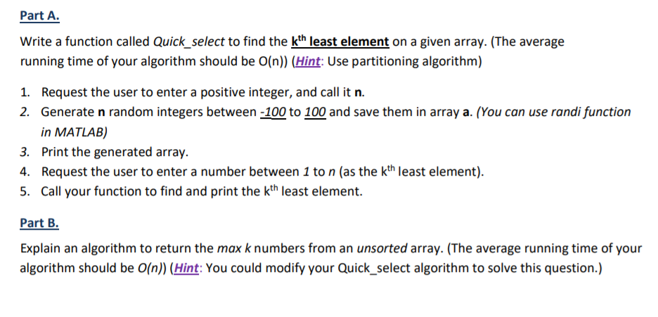 Solved Part A. Write a function called Quick_select to find | Chegg.com