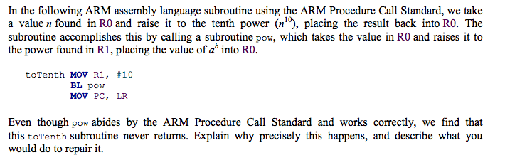 Solved In the following ARM assembly language subroutine | Chegg.com