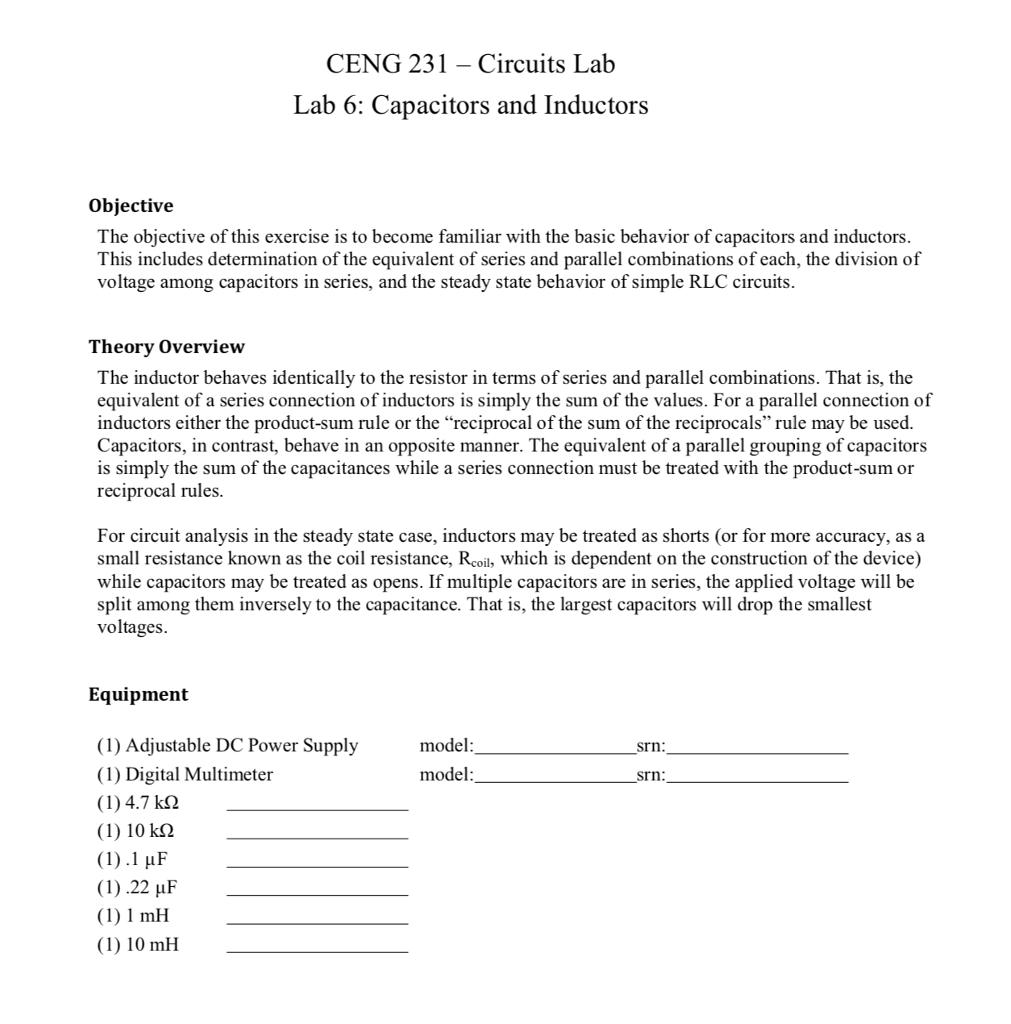 Solved CENG 231 - Circuits Lab Lab 6: Capacitors and | Chegg.com image.