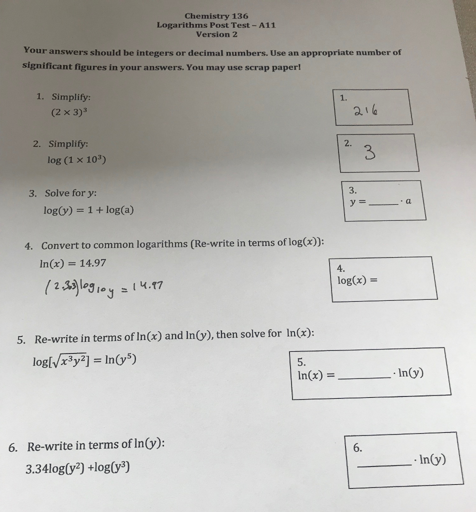 Solved Chemistry 136 Logarithms Post Test A11 Version 2