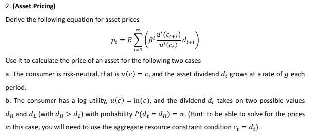 2. (Asset Pricing) Derive the following equation for | Chegg.com