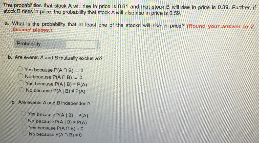 Solved The Probabilities That Stock A Will Rise In Price Is | Chegg.com