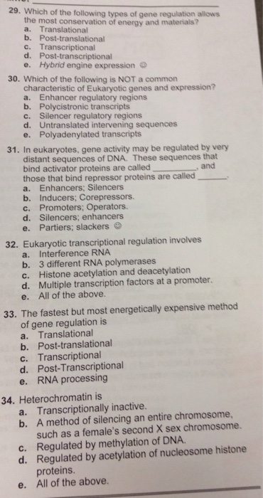 Solved Which of the following types of gene regulation | Chegg.com