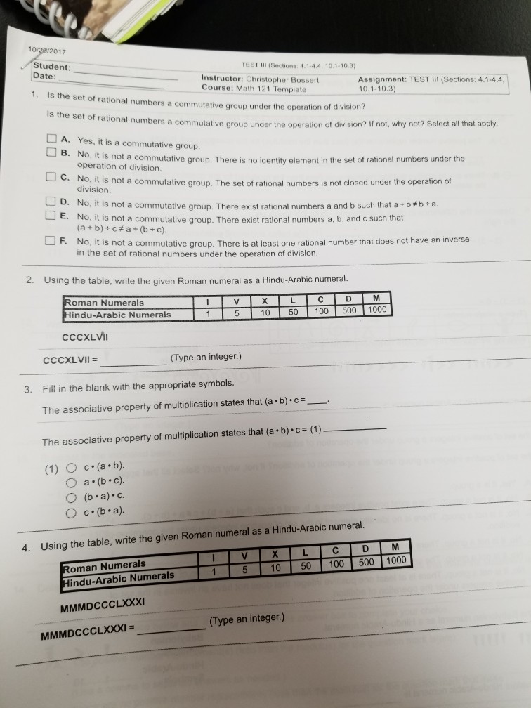 Solved 17 Student Date: TEST III (Sections 4.1-4.4, | Chegg.com
