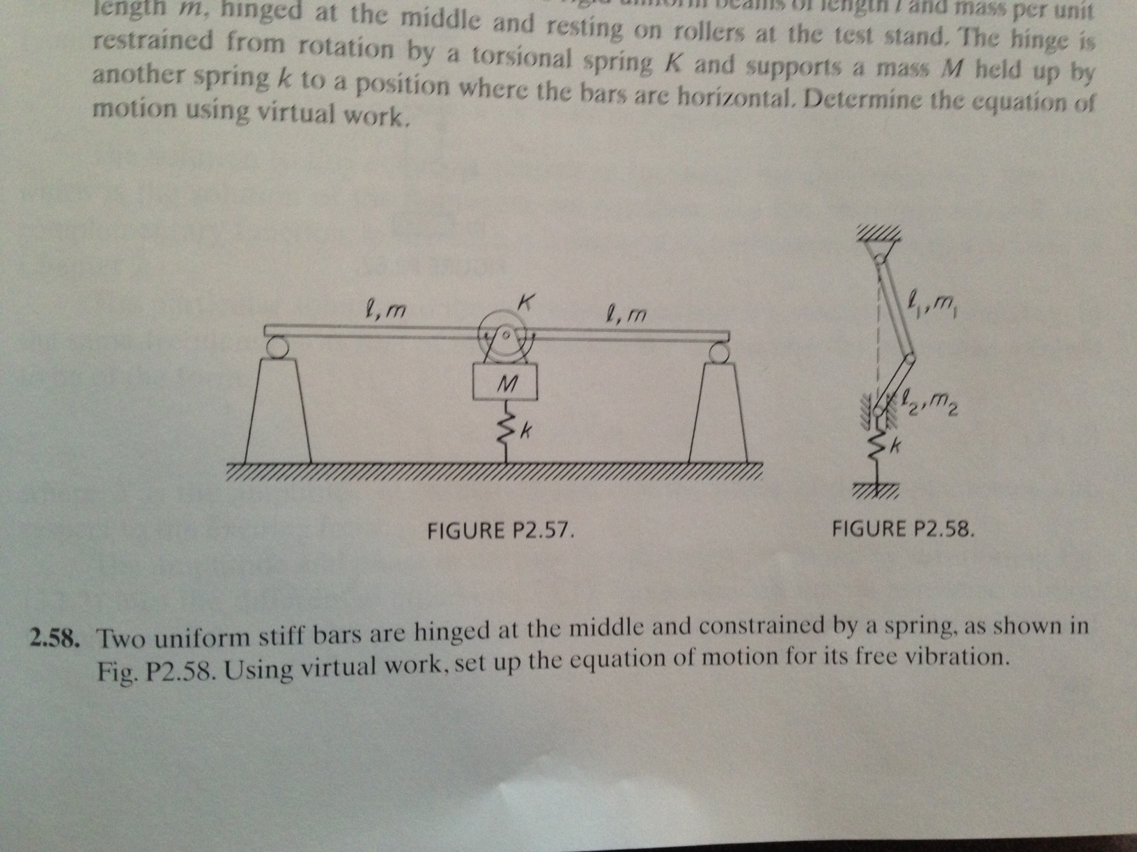 Two uniform stiff bars are hinged at the middle and