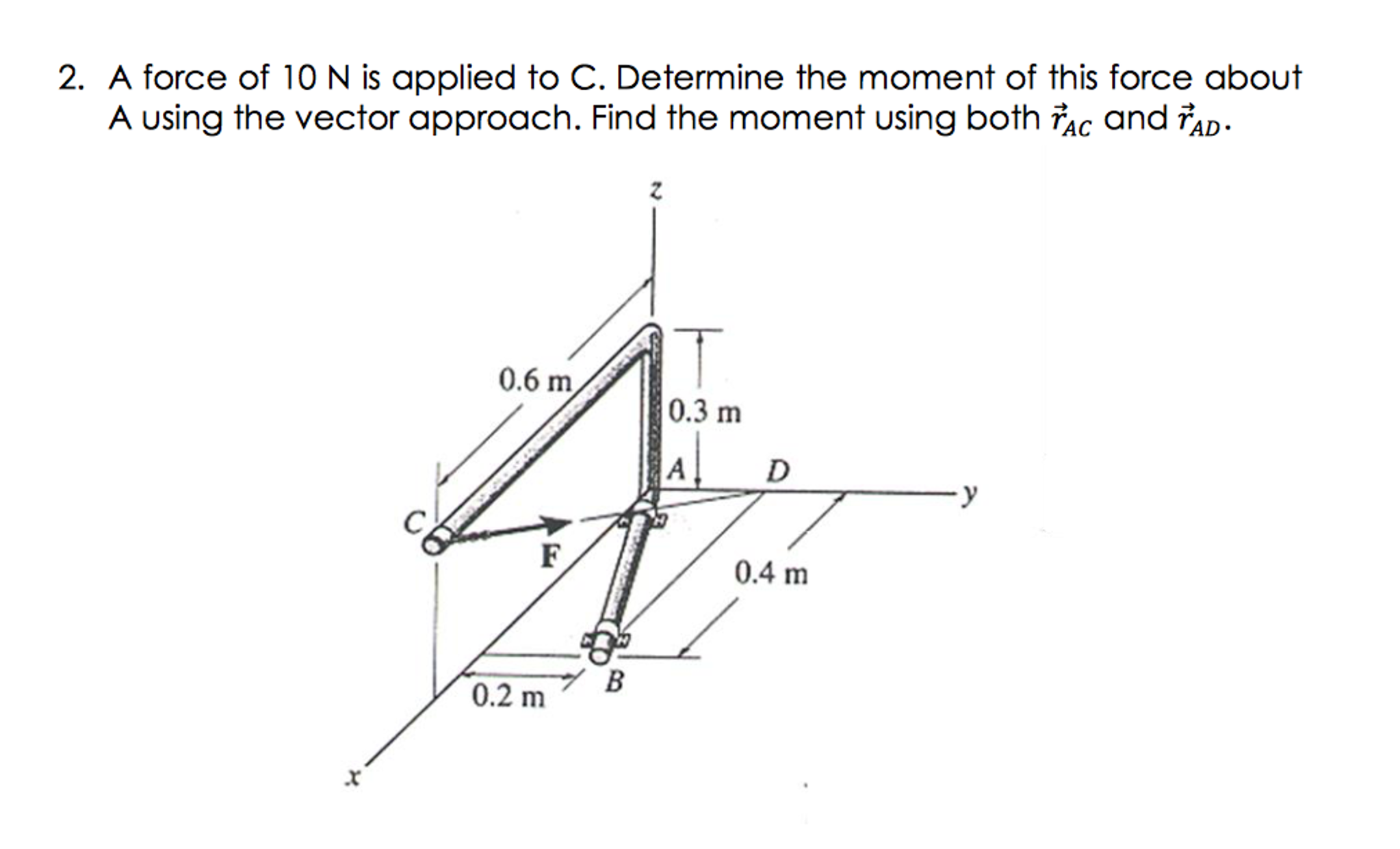 Solved A force of 10 N is applied to C. Determine the moment | Chegg.com