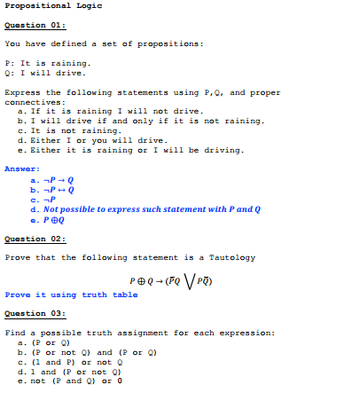 Solved Propositional Logic Question 01 You Have Defined A | Chegg.com