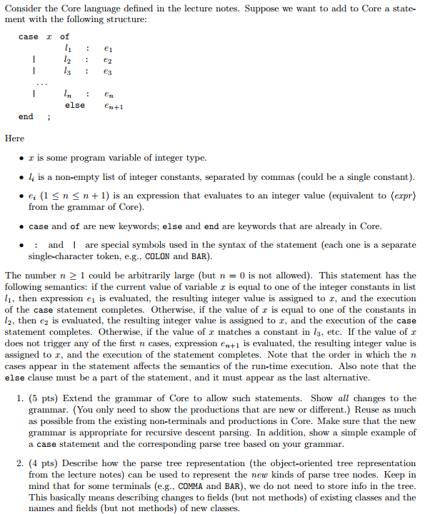 Solved Extend the grammar of core, describe how a parse tree | Chegg.com