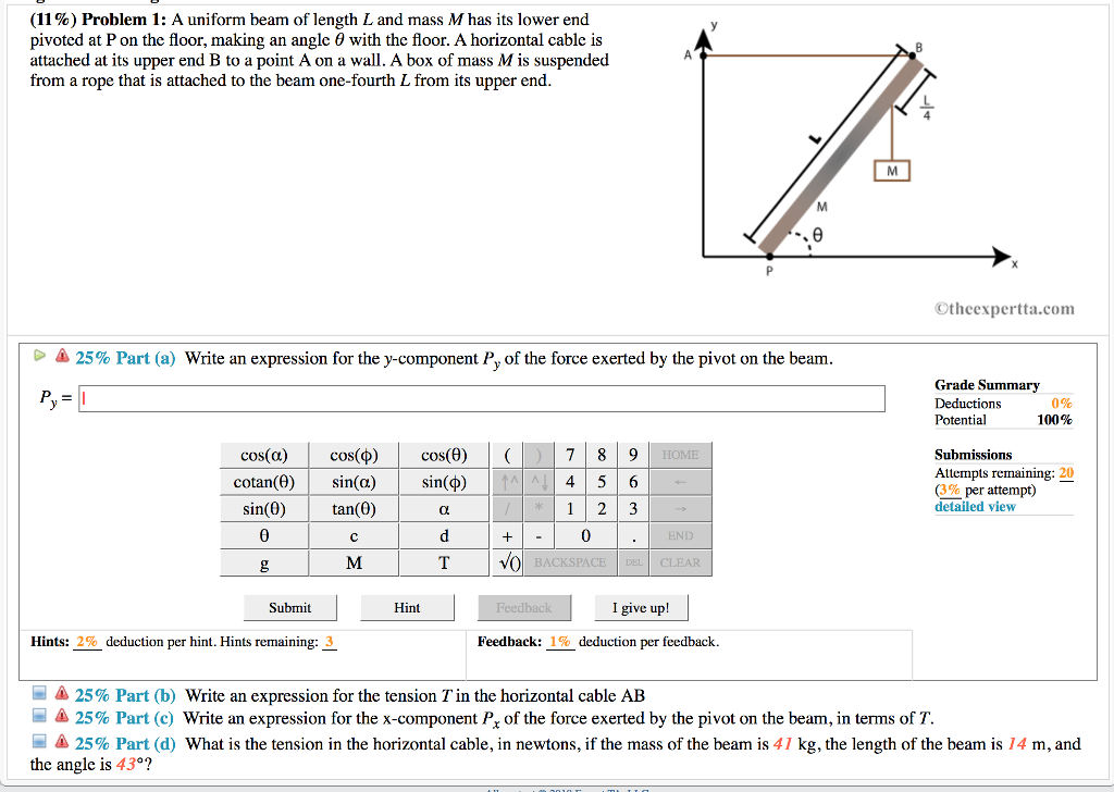 (11 %) Problem 1: A Uniform Beam Of Length L And Mass | Chegg.com