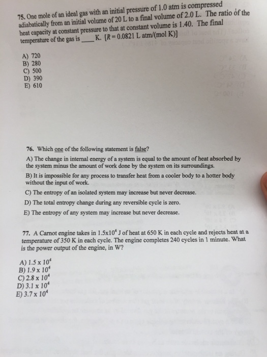 Solved One Mole Of An Ideal Gas With An Initial Pressure Of 