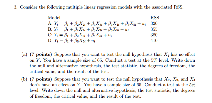 Solved Consider The Following Multiple Linear Regression 