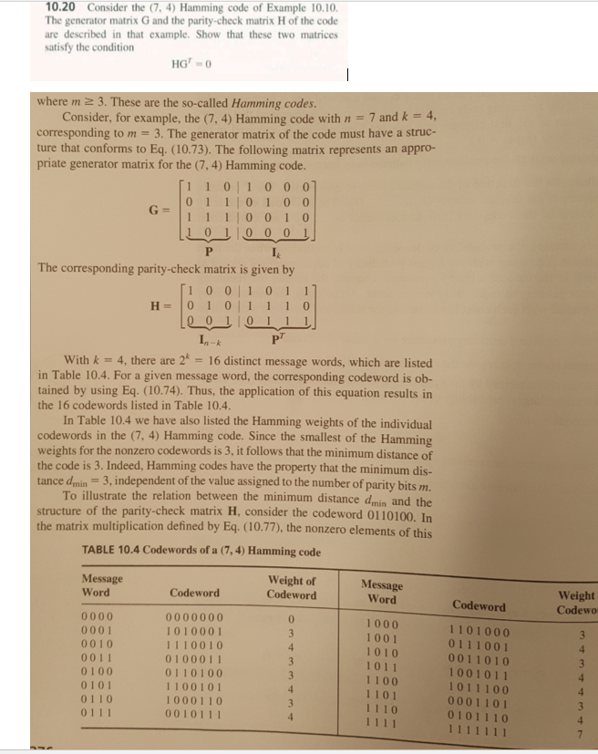 Solved 10 20 consider the 7 4 hamming code of example chegg
