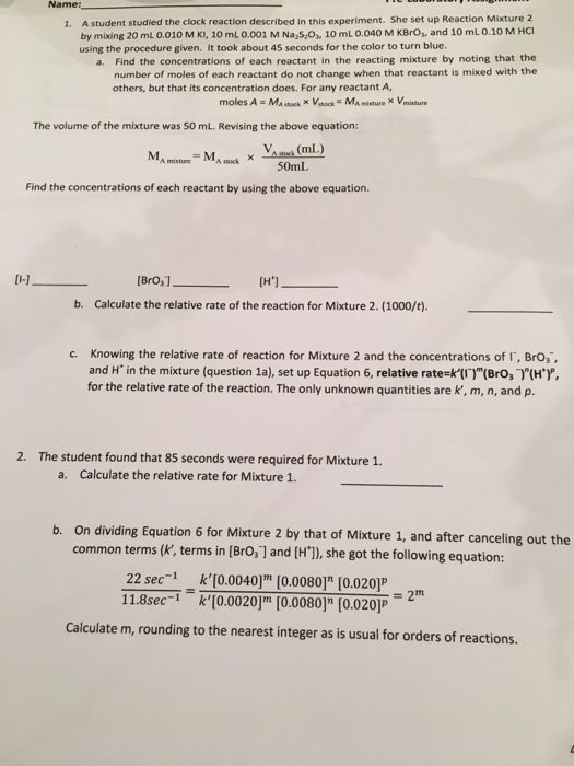 a student studied the clock reaction described in this experiment