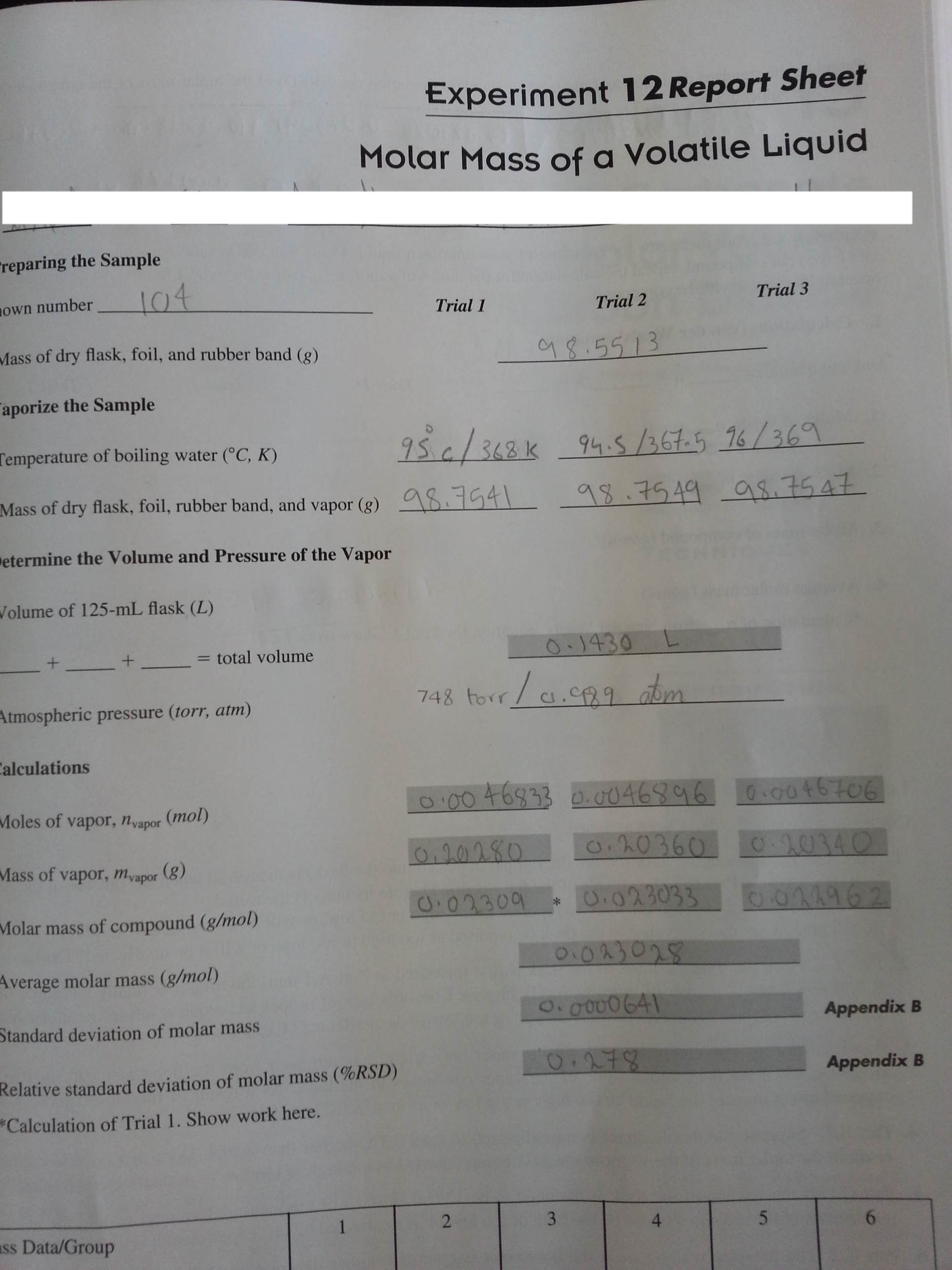 Solved: Experiment 12 Report Sheet Molar Mass Of A Volatil 