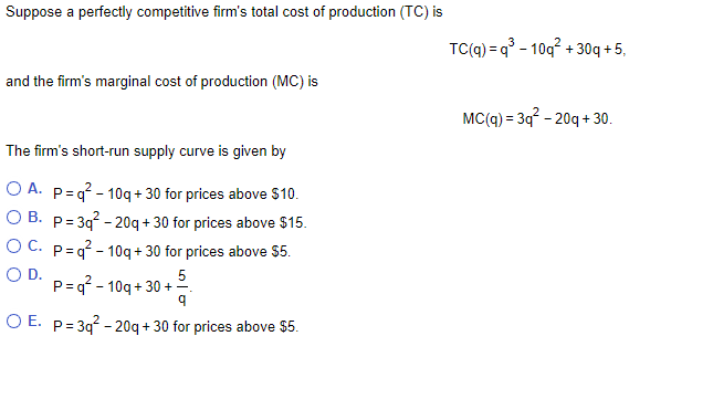 Solved Suppose A Perfectly Competitive Firm's Total Cost Of | Chegg.com