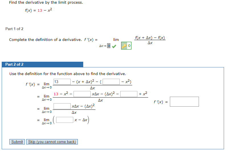 solved-find-the-derivative-by-the-limit-process-f-x-12-chegg