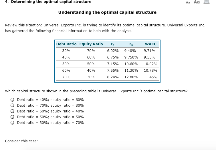 Solved 4. Determining The Optimal Capital Structure | Chegg.com