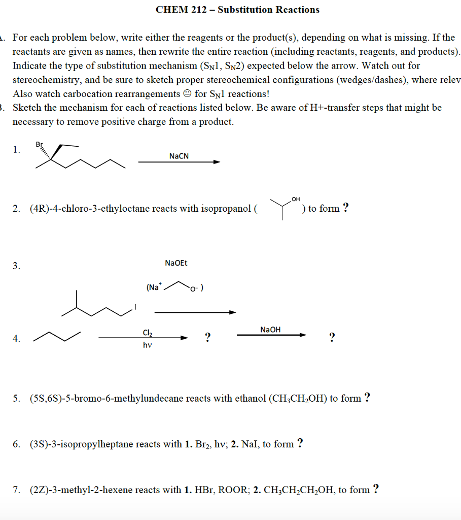 Solved CHEM 212 Substitution Reactions For each problem | Chegg.com