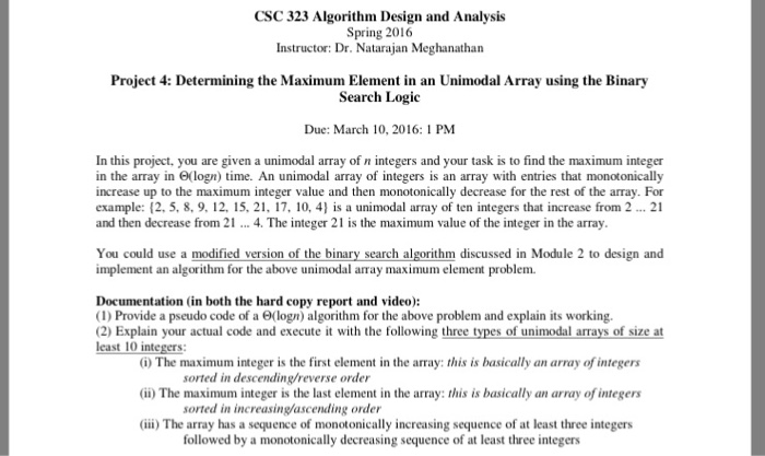 Solved In this project, you are given a unimodal array of n | Chegg.com