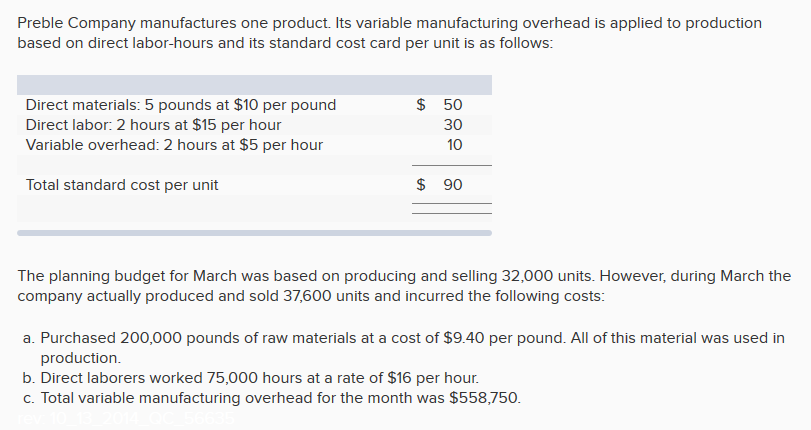 Solved Preble Company manufactures one product. Its variable | Chegg.com