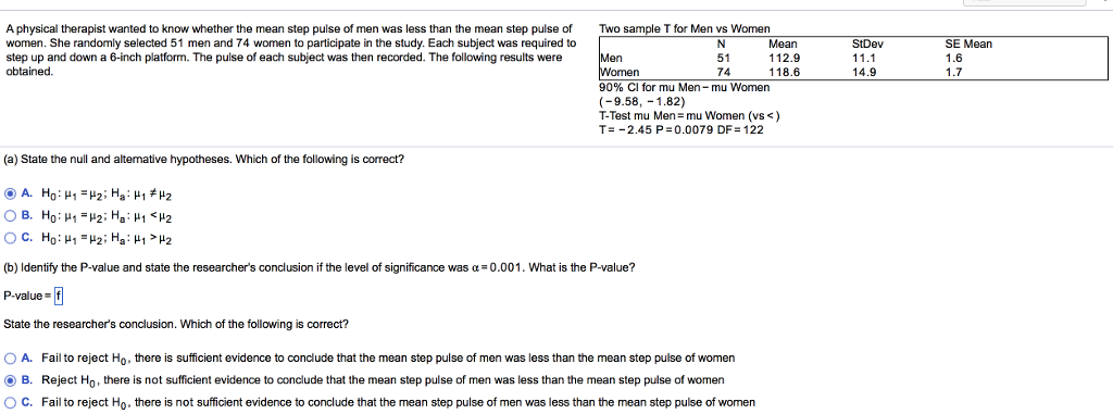 Solved A physical therapist wanted to know whether the mean | Chegg.com